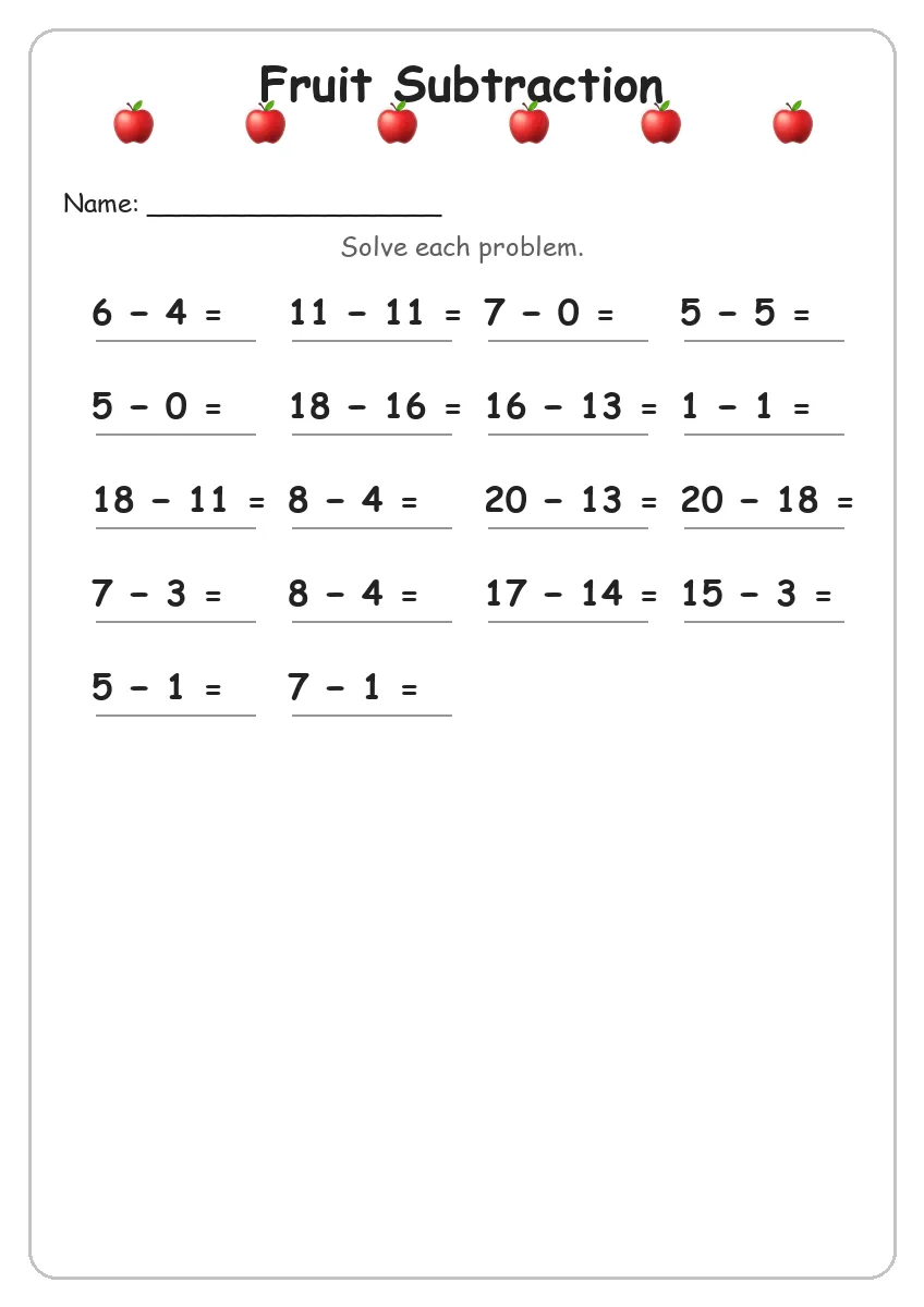 Fruit subtraction worksheet for Grade 1