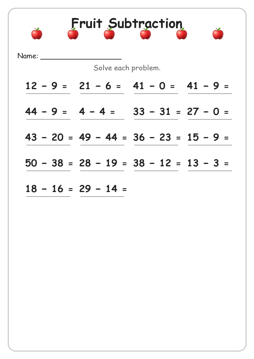 Fruit subtraction worksheet for Grade 2