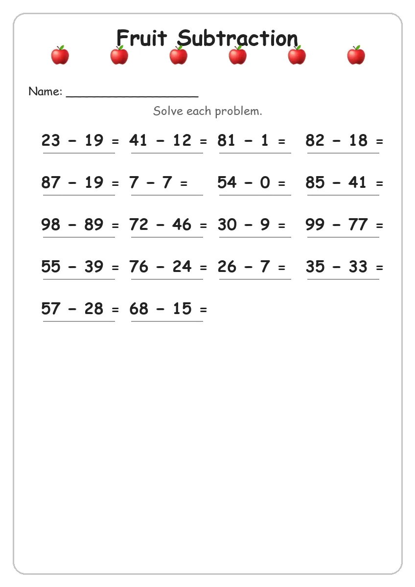 Fruit subtraction worksheet for Grade 3