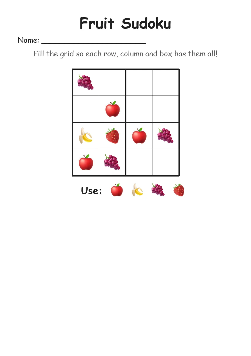 Fruit Sudoku 4x4 (Kindergarten) worksheet for Kindergarten