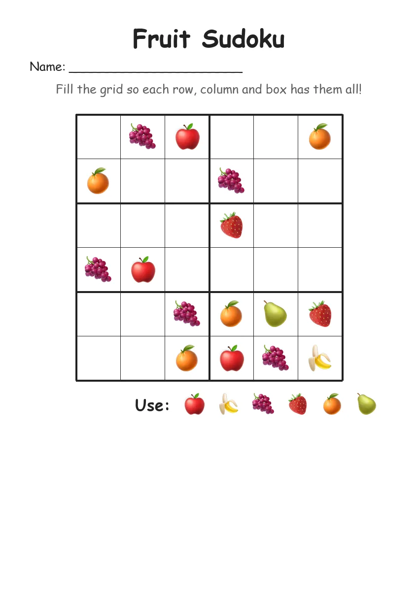 Fruit Sudoku 6x6 (Grade 2) worksheet for Grade 2