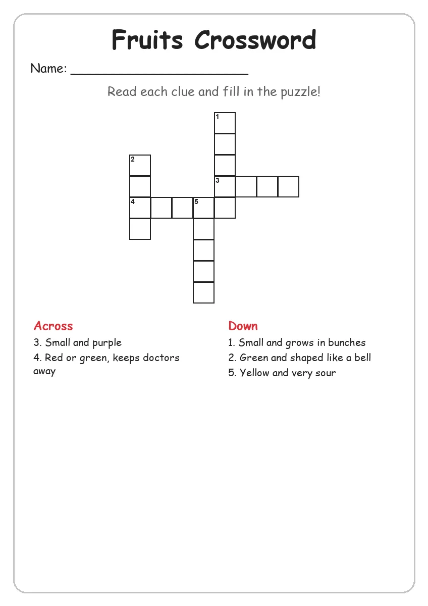 Fruits crossword worksheet for Grade 1
