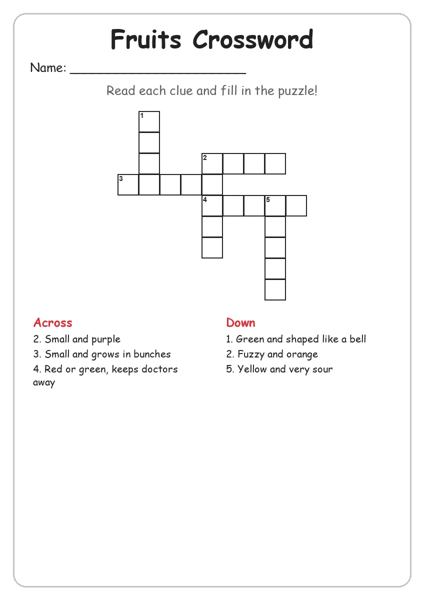 Fruits crossword worksheet for Grade 2