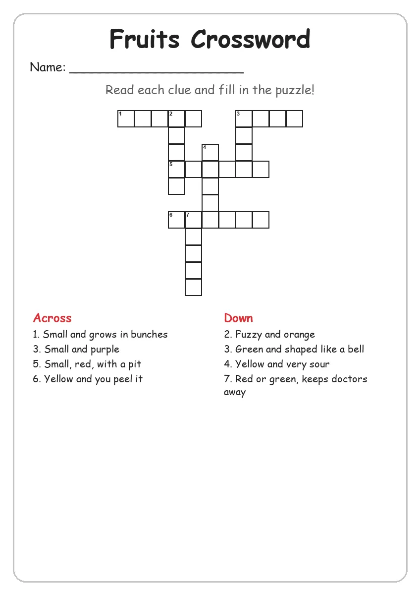 Fruits crossword worksheet for Grade 3