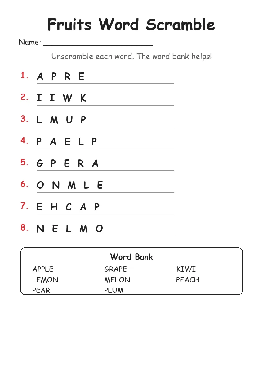 Fruits word scramble worksheet for Grade 1