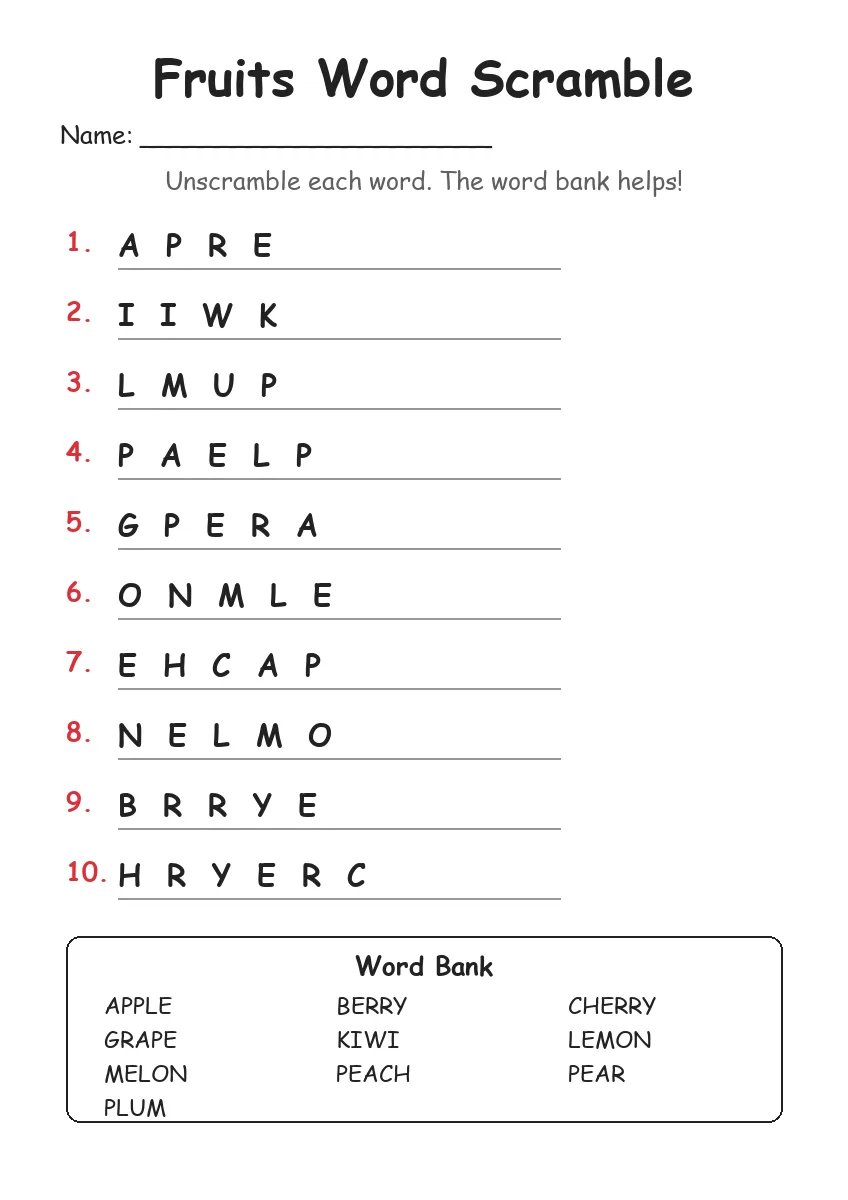 Fruits word scramble worksheet for Grade 2