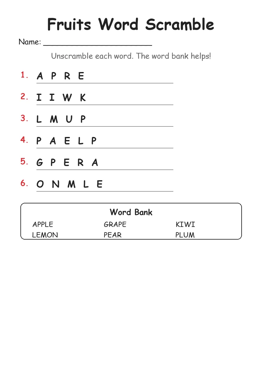 Fruits word scramble worksheet for Kindergarten