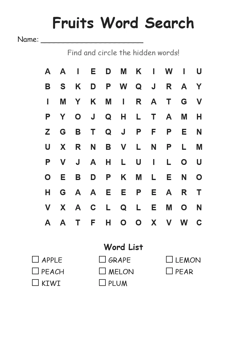 Fruits word search worksheet for Grade 1