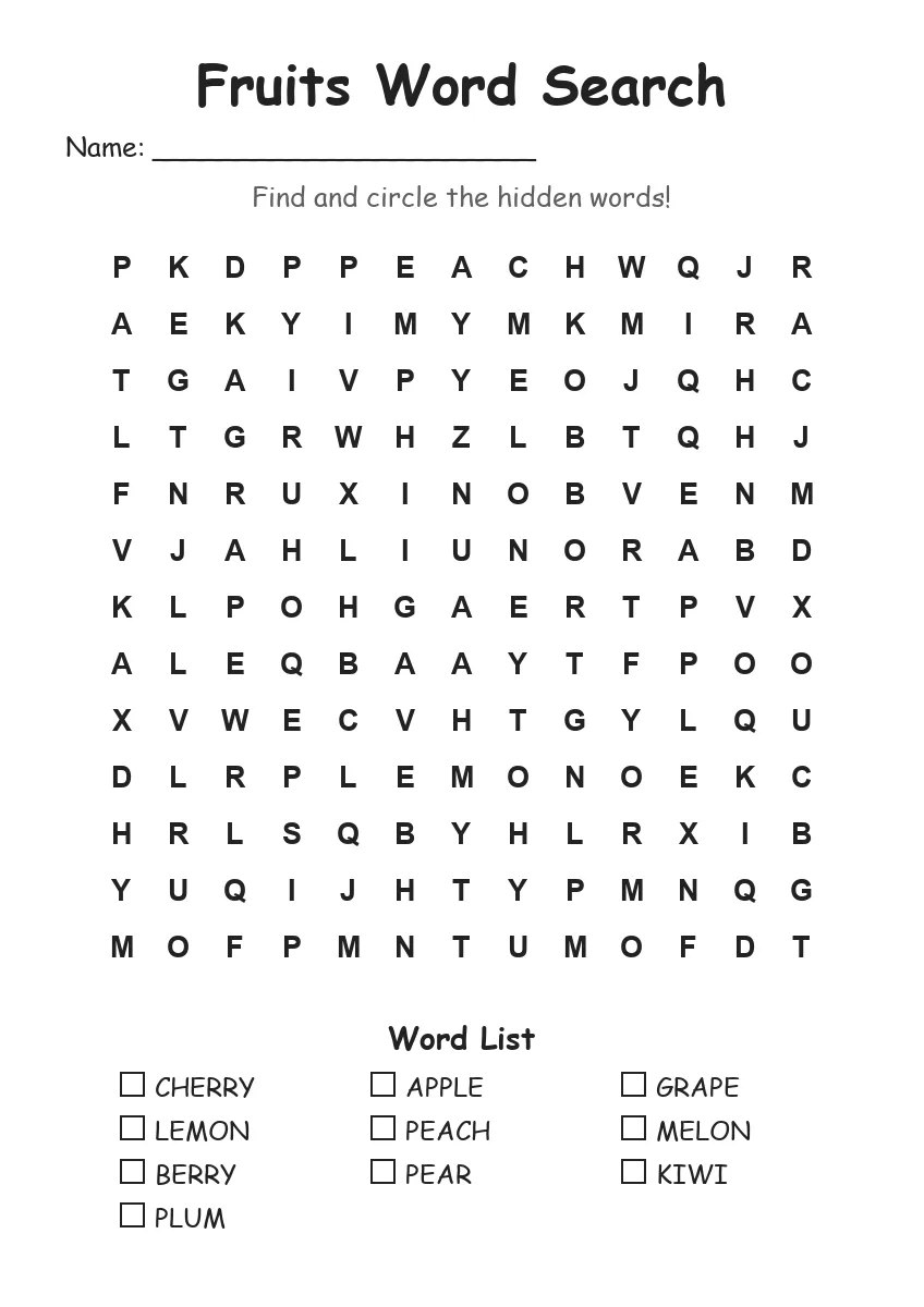 Fruits word search worksheet for Grade 2