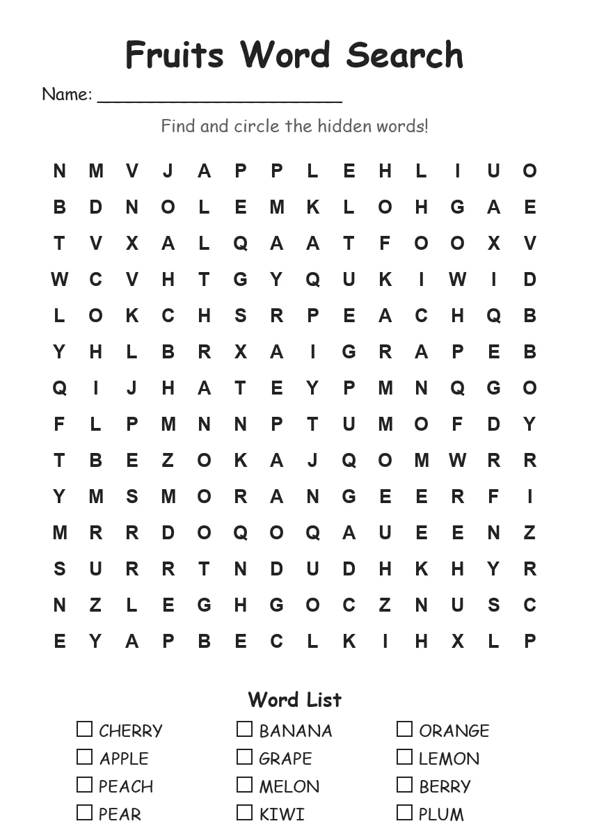 Fruits word search worksheet for Grade 3