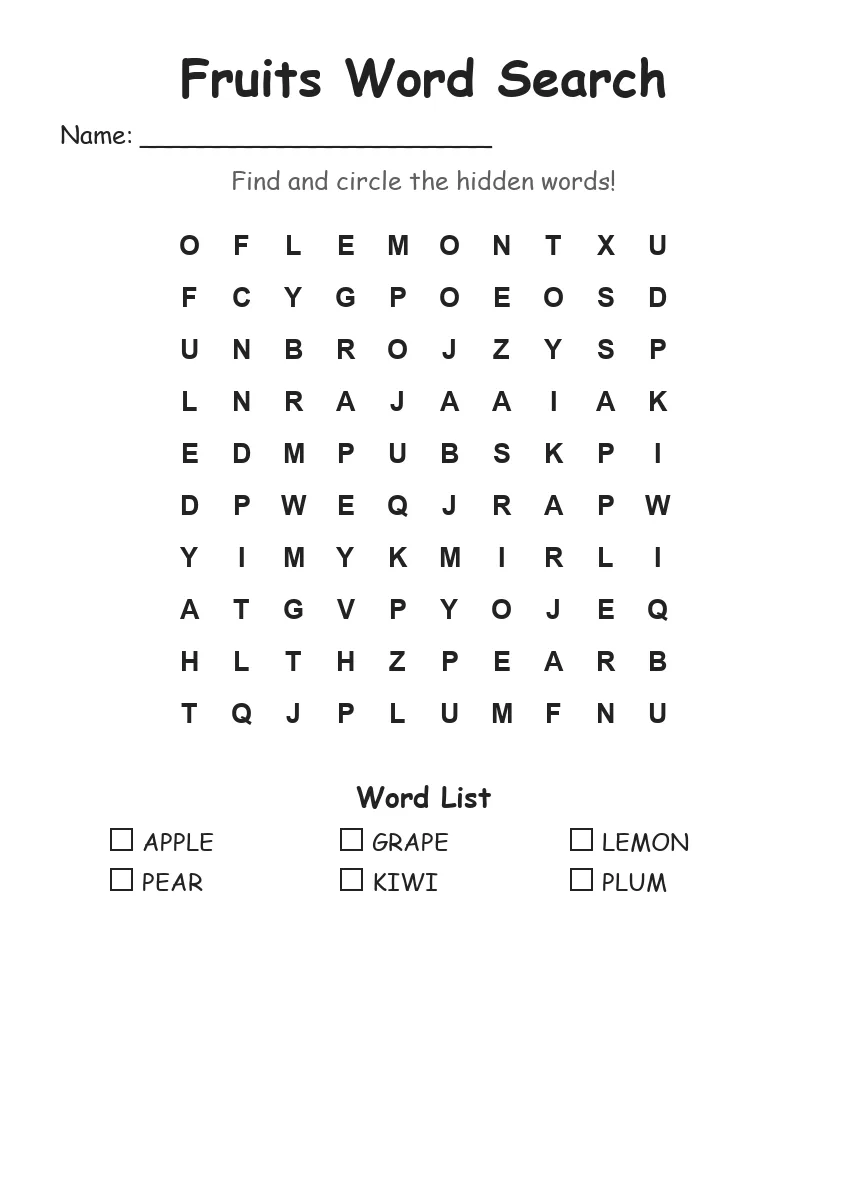 Fruits word search worksheet for Kindergarten