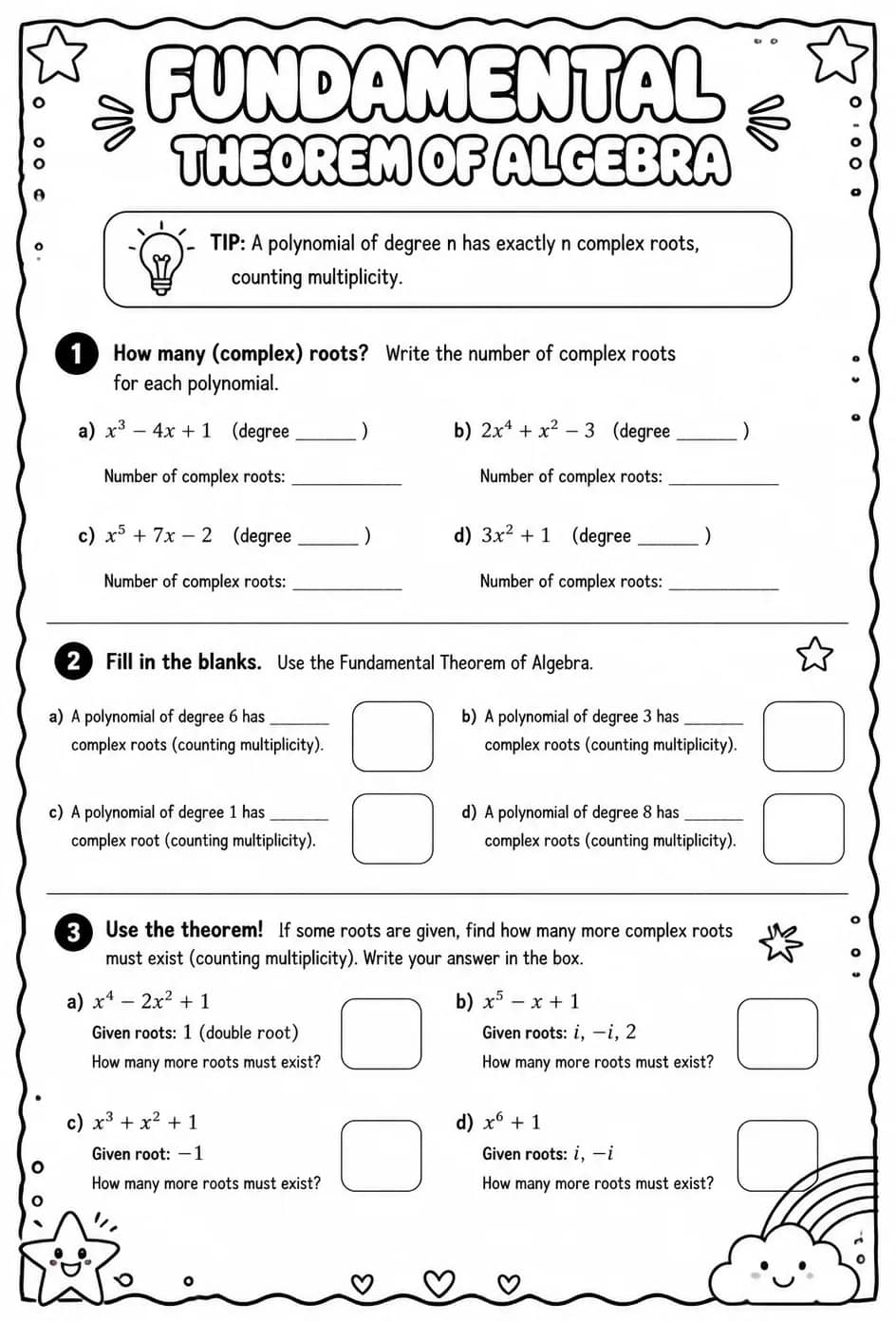 Fundamental Theorem of Algebra — free printable Algebra 2 math worksheet