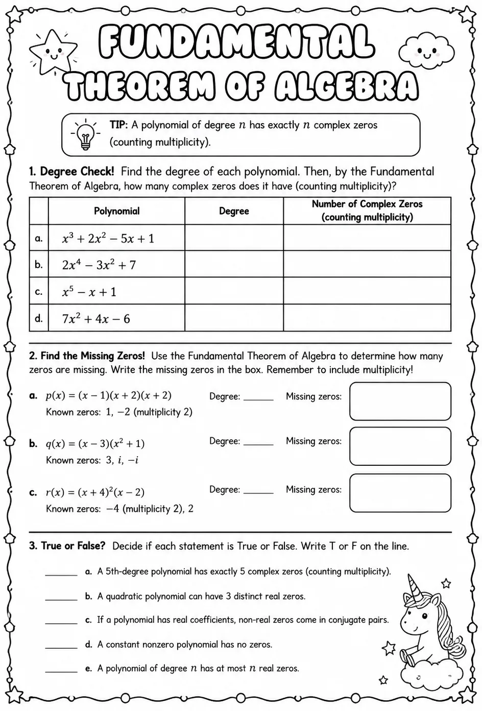 Fundamental Theorem of Algebra — free printable Precalculus math worksheet