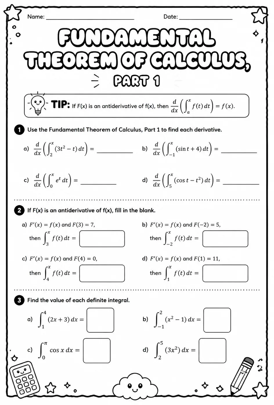 Fundamental Theorem of Calculus, Part 1 — free printable Calculus math worksheet