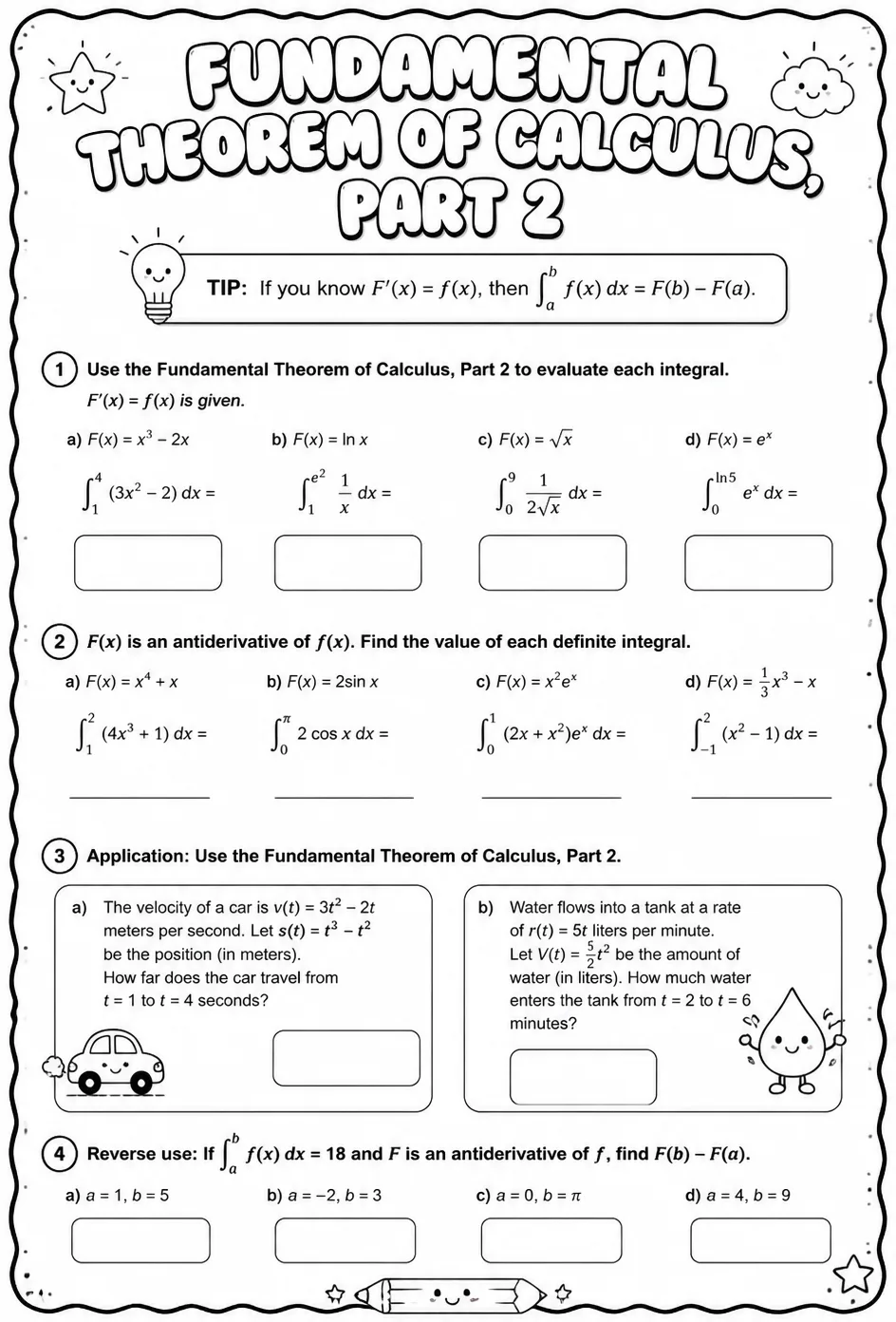 Fundamental Theorem of Calculus, Part 2 — free printable Calculus math worksheet