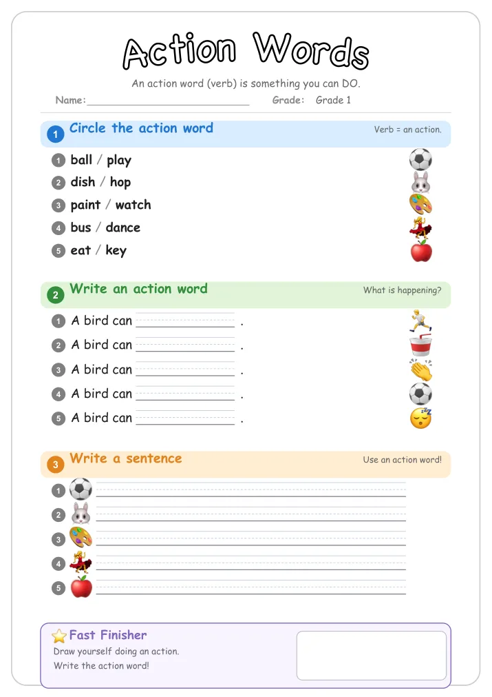 Action Words grammar worksheet for Grade 1