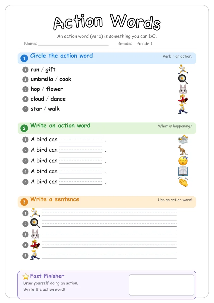Action Words grammar worksheet for Grade 1