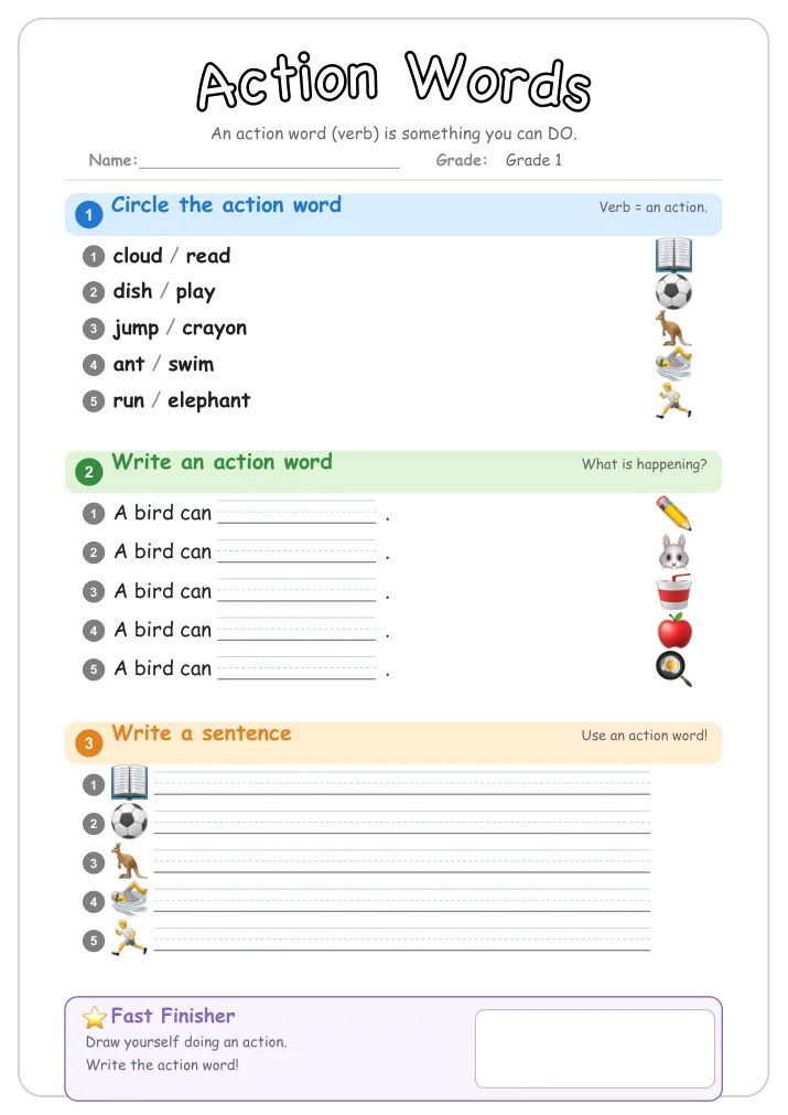 Action Words grammar worksheet for Grade 1