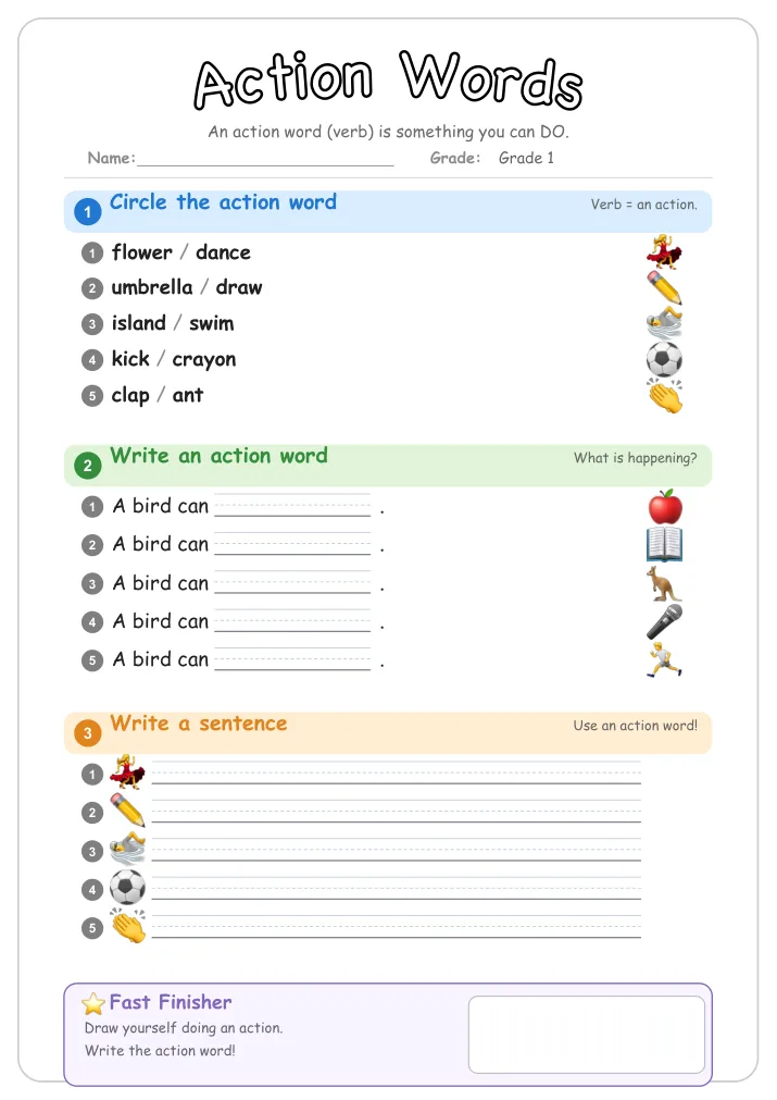 Action Words grammar worksheet for Grade 1
