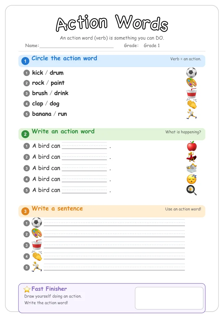 Action Words grammar worksheet for Grade 1