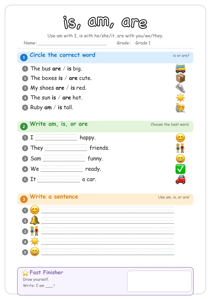 is, am, are grammar worksheet for Grade 1