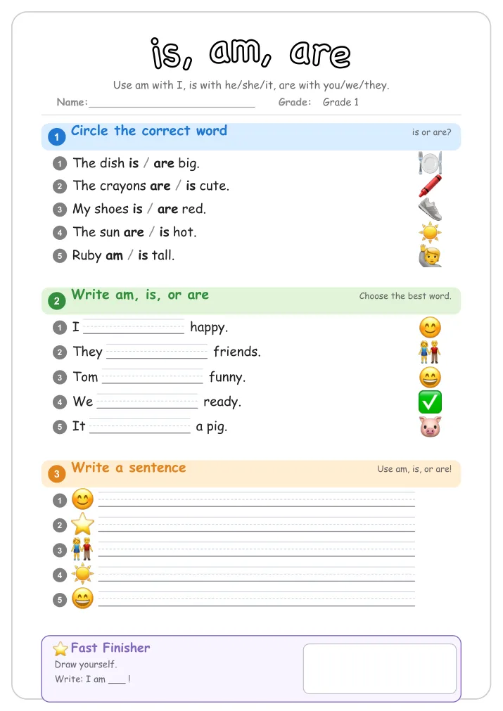 is, am, are grammar worksheet for Grade 1