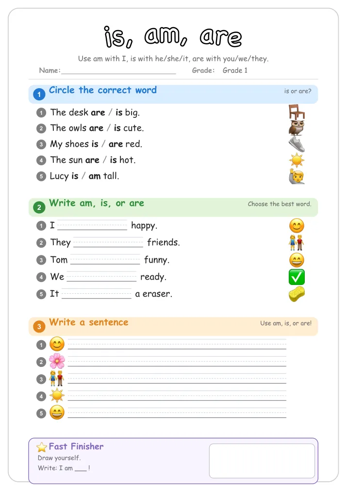 is, am, are grammar worksheet for Grade 1