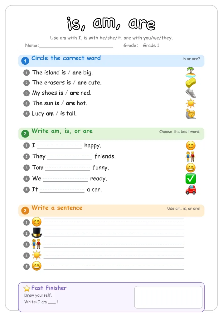 is, am, are grammar worksheet for Grade 1