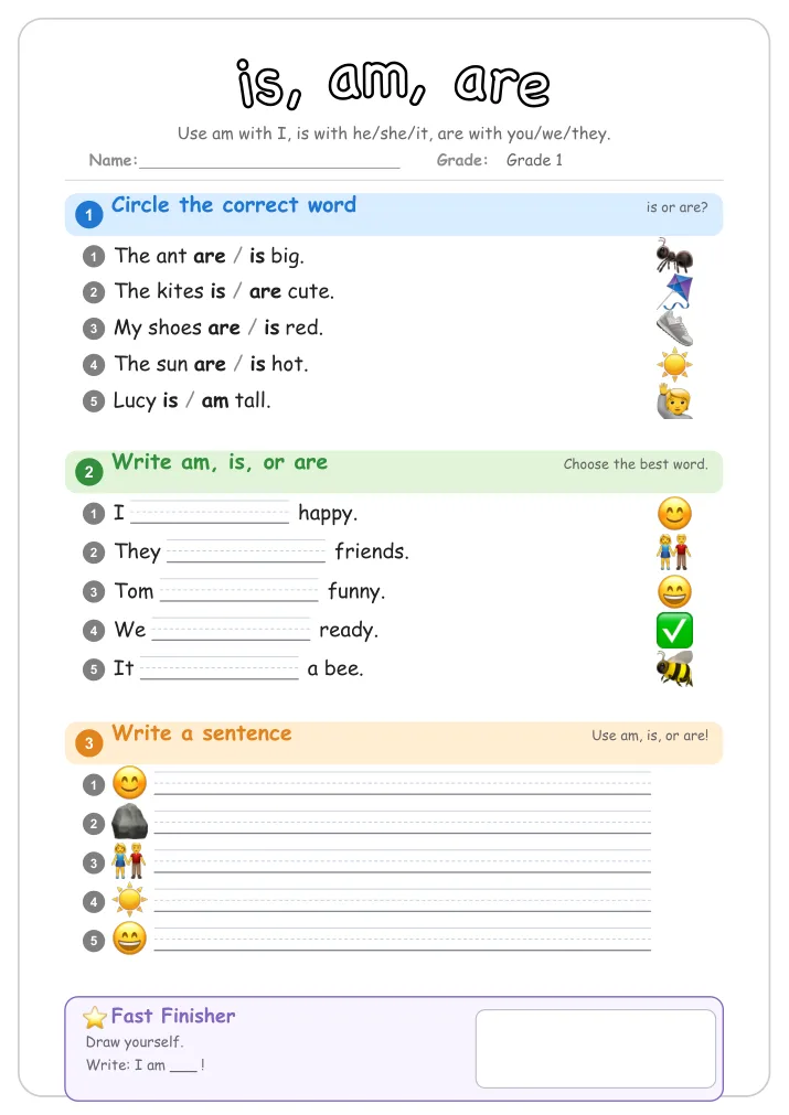 is, am, are grammar worksheet for Grade 1