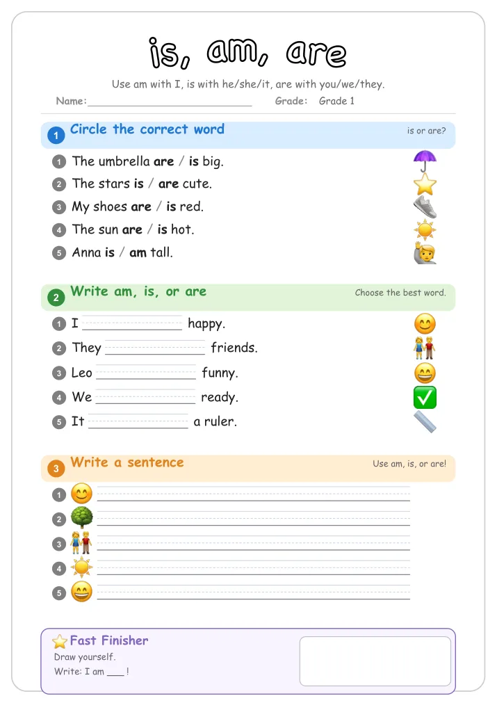 is, am, are grammar worksheet for Grade 1