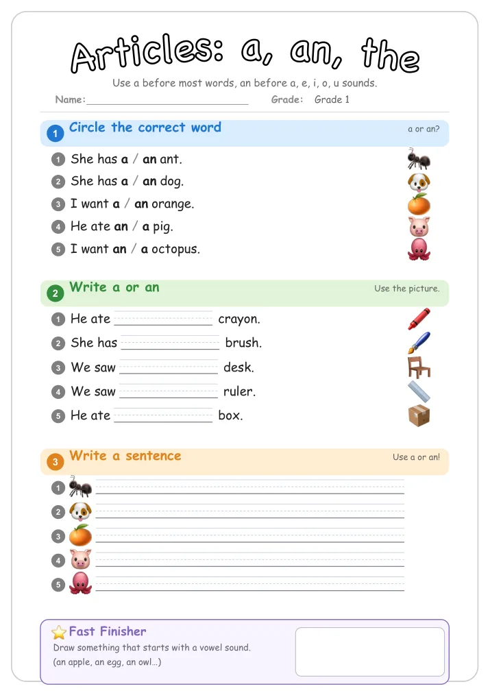Articles: a, an, the grammar worksheet for Grade 1