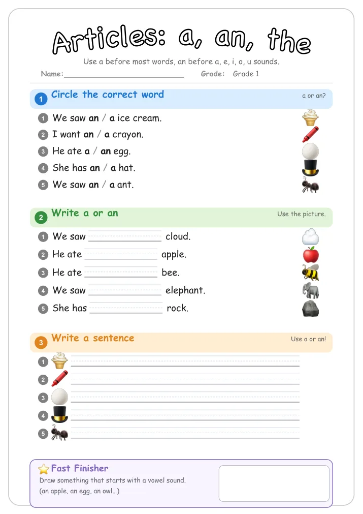 Articles: a, an, the grammar worksheet for Grade 1
