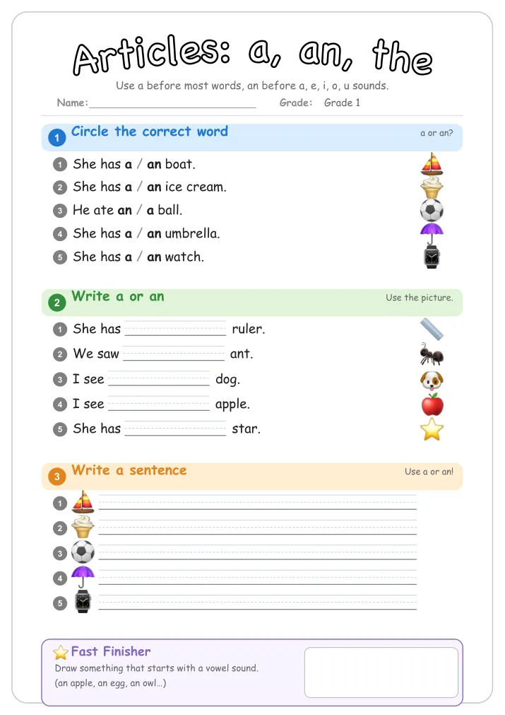 Articles: a, an, the grammar worksheet for Grade 1