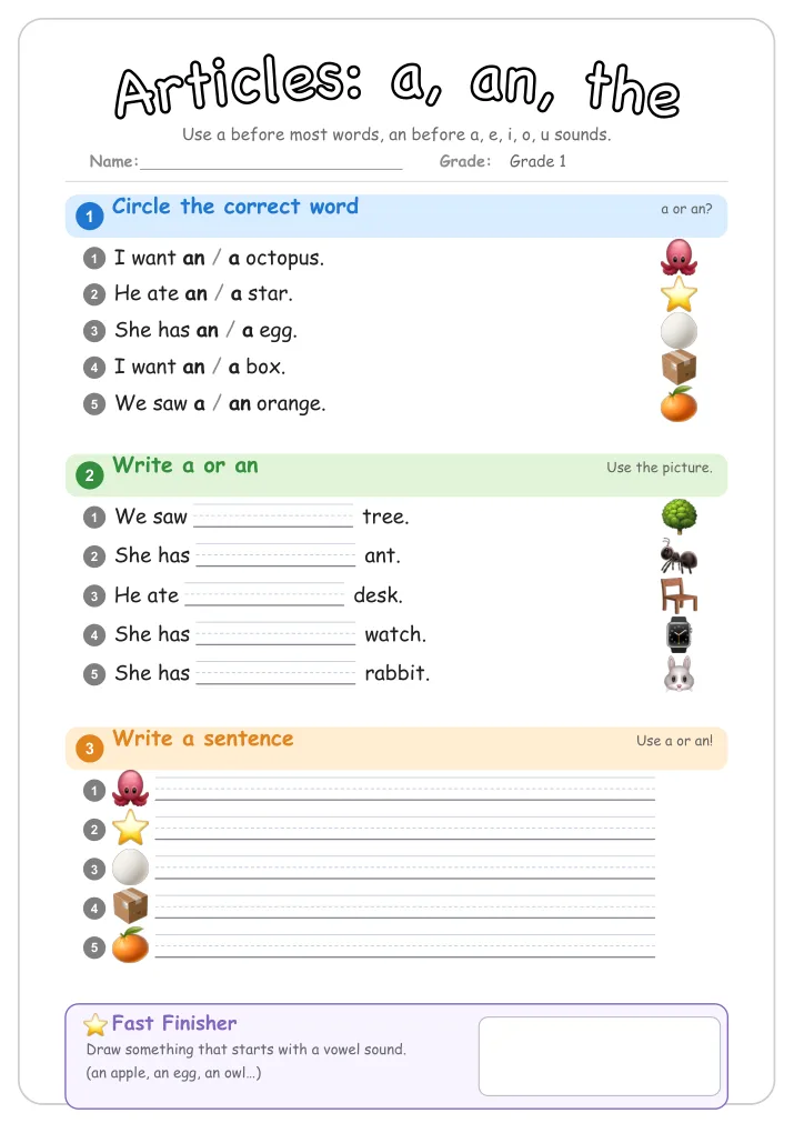 Articles: a, an, the grammar worksheet for Grade 1