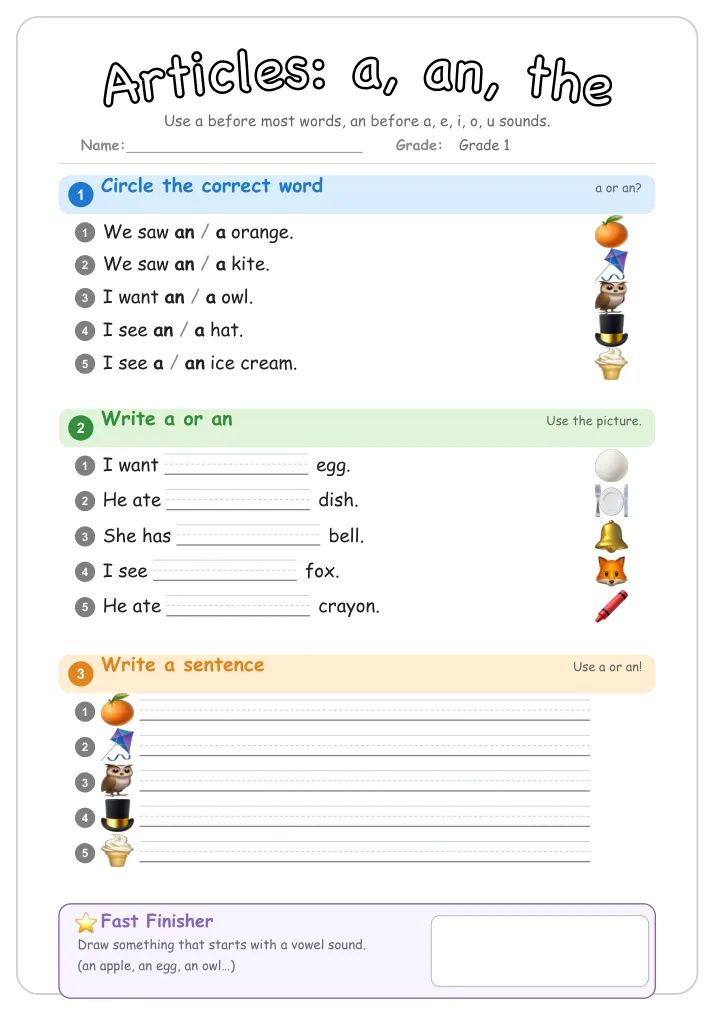 Articles: a, an, the grammar worksheet for Grade 1