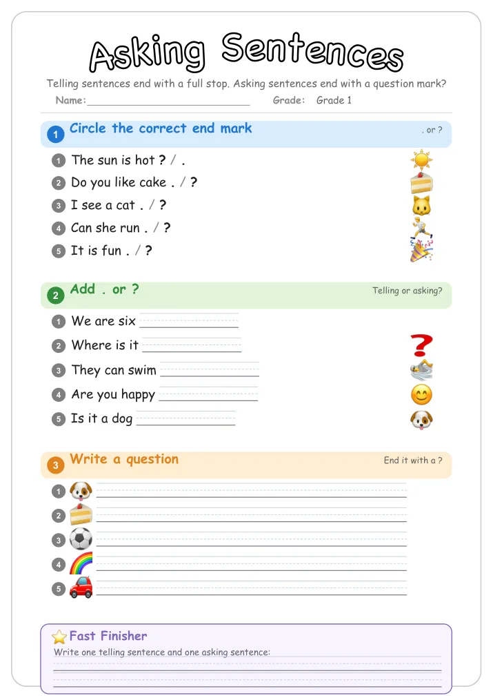 Asking Sentences grammar worksheet for Grade 1