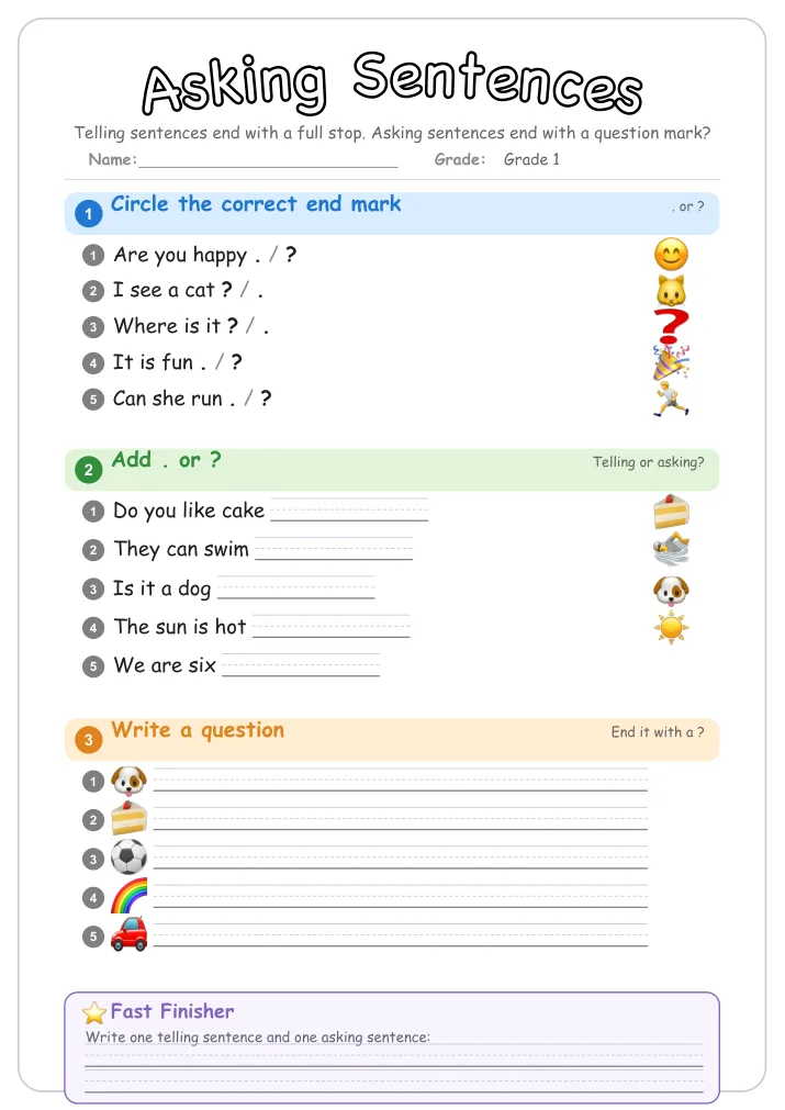 Asking Sentences grammar worksheet for Grade 1