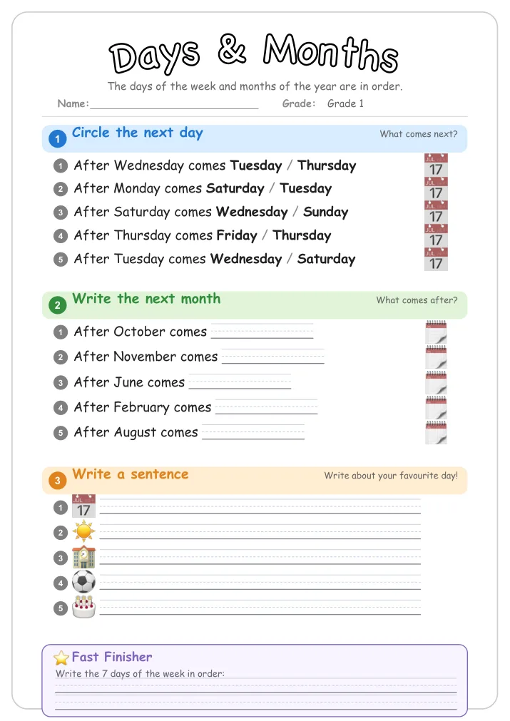Days & Months grammar worksheet for Grade 1