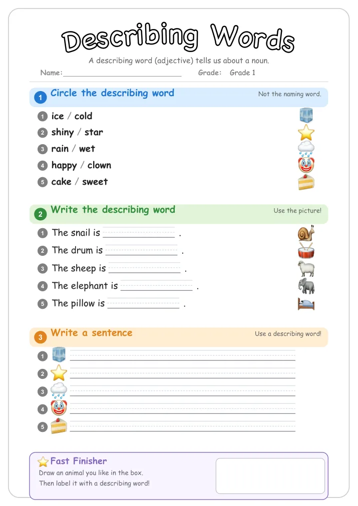 Describing Words grammar worksheet for Grade 1