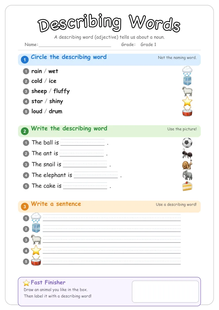 Describing Words grammar worksheet for Grade 1