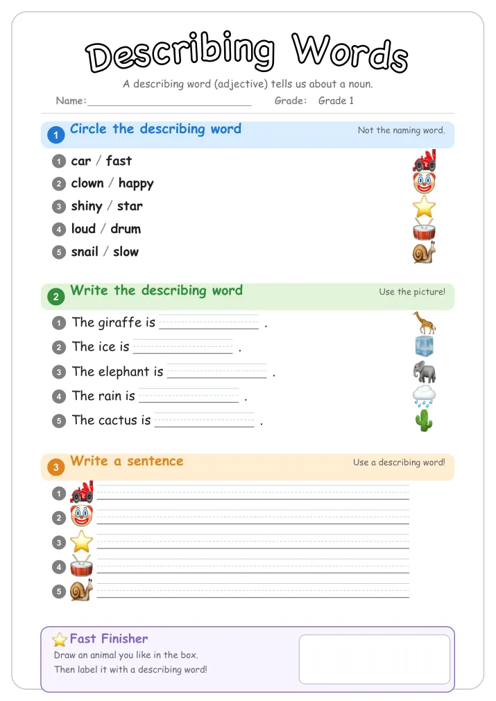 Describing Words grammar worksheet for Grade 1