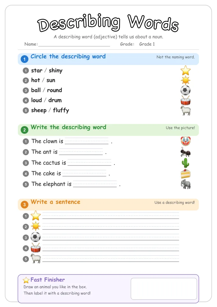 Describing Words grammar worksheet for Grade 1