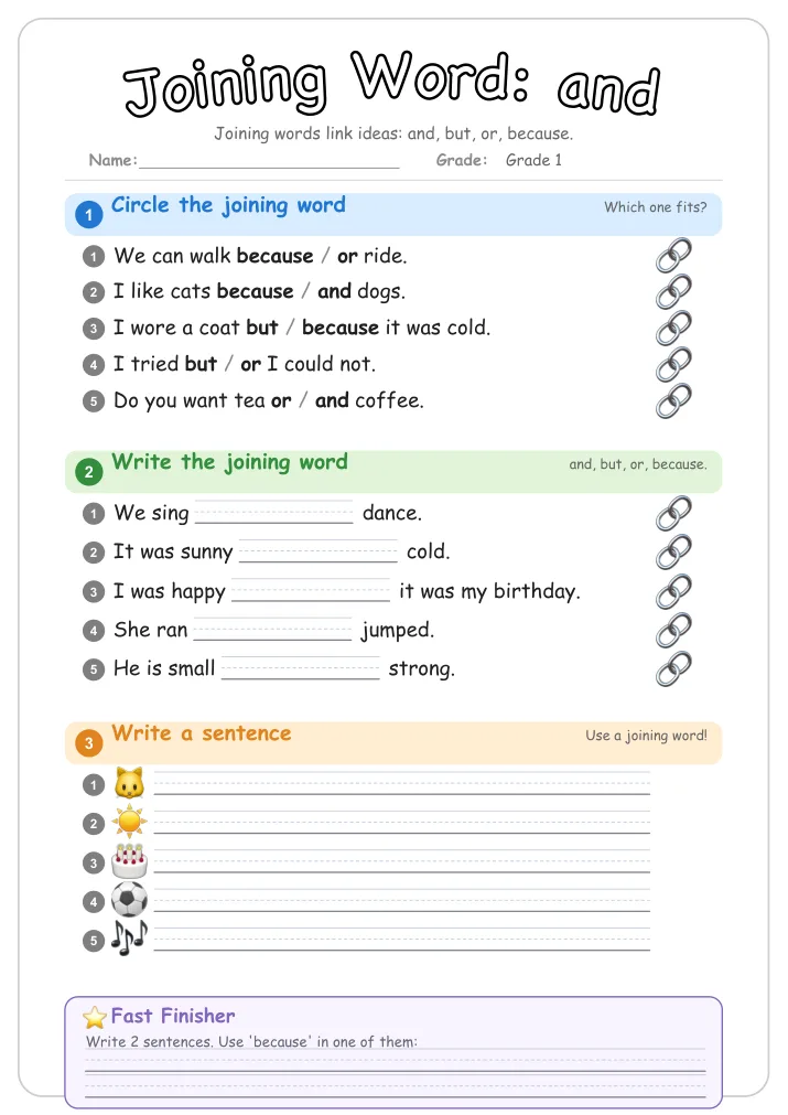 Joining Word: and grammar worksheet for Grade 1