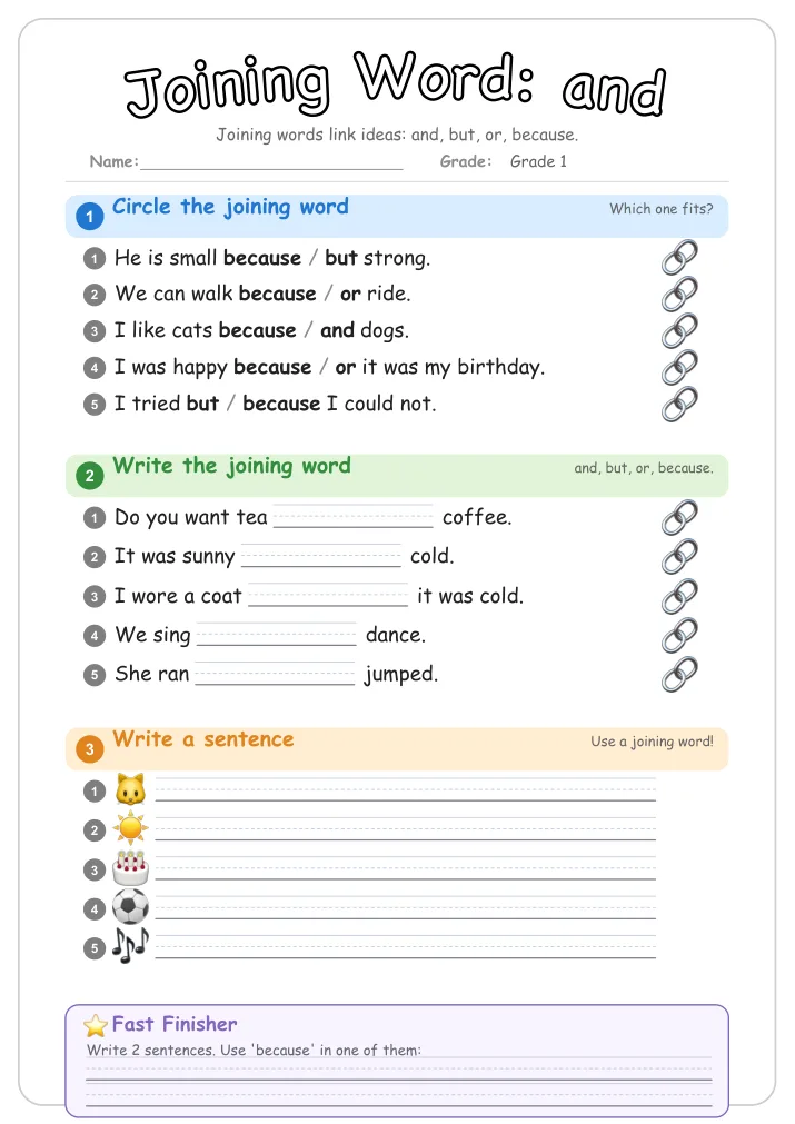 Joining Word: and grammar worksheet for Grade 1