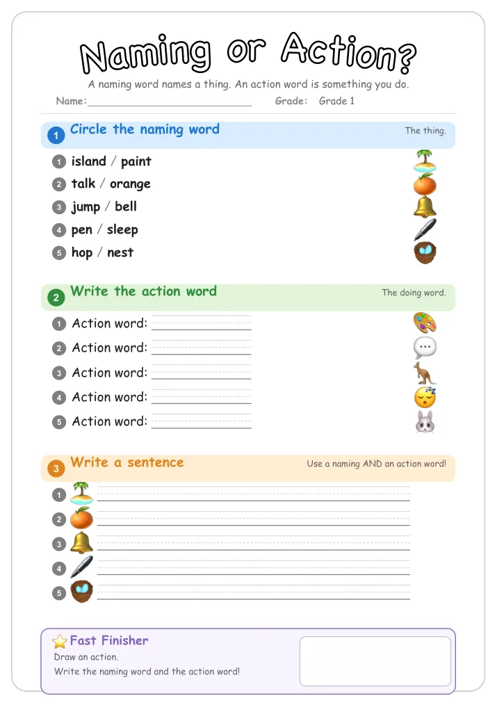 Naming or Action? grammar worksheet for Grade 1