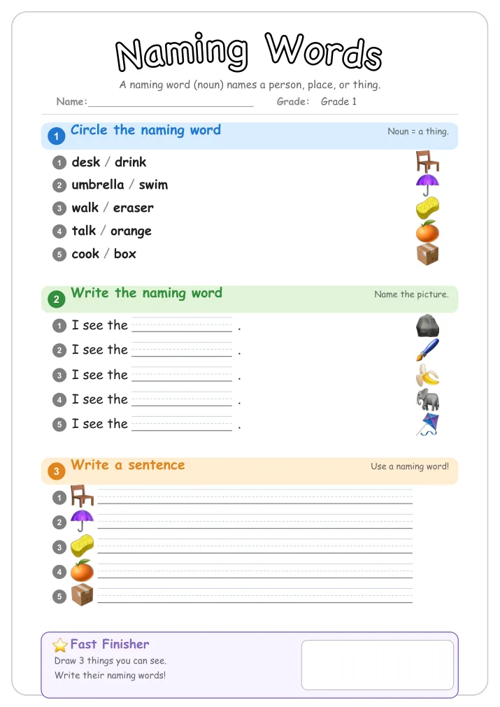 Naming Words grammar worksheet for Grade 1