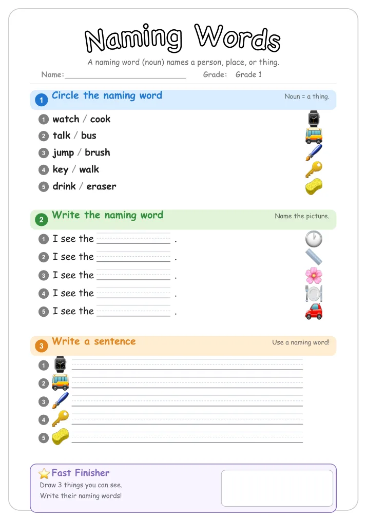 Naming Words grammar worksheet for Grade 1
