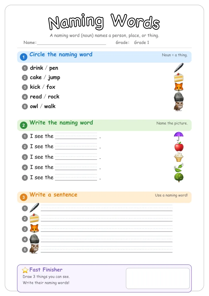 Naming Words grammar worksheet for Grade 1