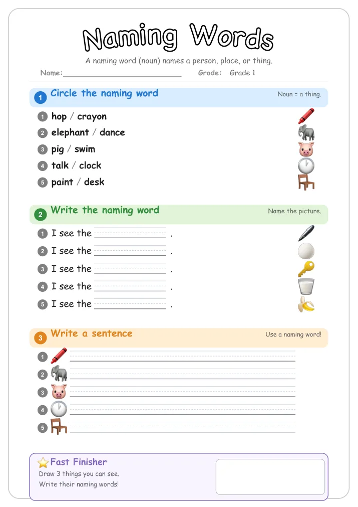 Naming Words grammar worksheet for Grade 1