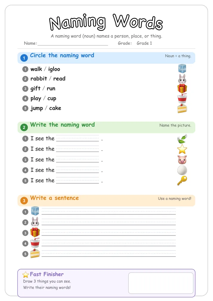 Naming Words grammar worksheet for Grade 1